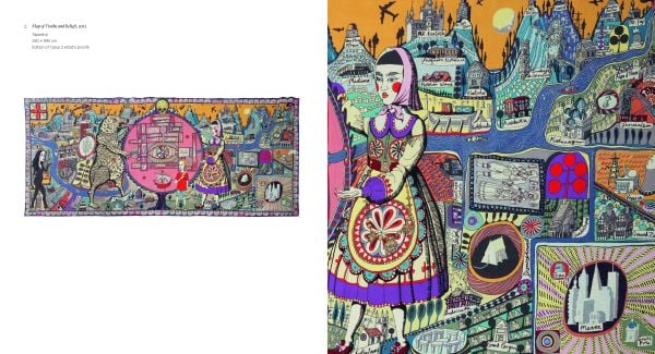 Book cover of Grayson Perry, Smash Hits, with a red tapestry title 'Sacred Tribal Artefact'. Published by National Galleries of Scotland.