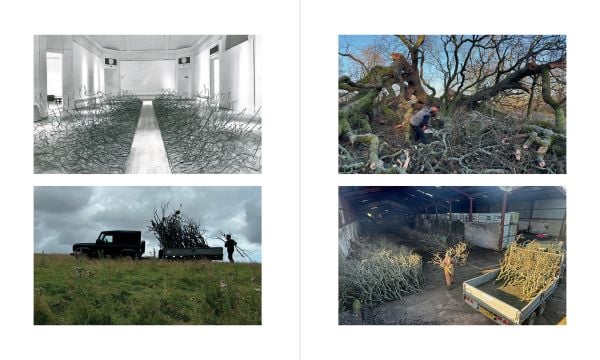 Book cover of Andy Goldsworthy: Fifty Years; featuring a pair of hands reaching down into a stream of orange flowing water. Published by National Galleries of Scotland.