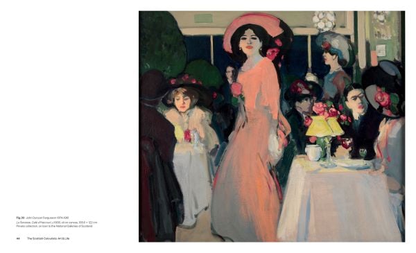 Book cover of The Scottish Colourists: Art & Life; featuring a vibrant still life of red, pink, and yellow tulips arranged in a glass vase beside a blue jug. Published by National Galleries of Scotland.