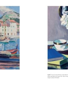 Book cover of The Scottish Colourists: Art & Life; featuring a vibrant still life of red, pink, and yellow tulips arranged in a glass vase beside a blue jug. Published by National Galleries of Scotland.