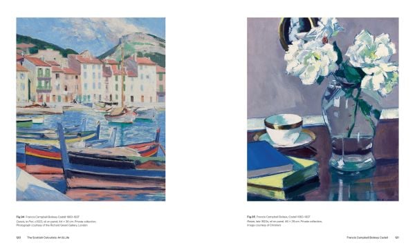 Book cover of The Scottish Colourists: Art & Life; featuring a vibrant still life of red, pink, and yellow tulips arranged in a glass vase beside a blue jug. Published by National Galleries of Scotland.