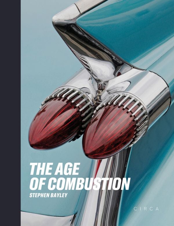 Book cover of The Age of Combustion, Notes on Automobile Design, featuring a close up of duel rear lights of blue Cadillac. Published by Circa Press.