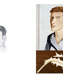 Close up of head and shoulders of Reflection with two children self portrait, LUCIAN FREUD The Self-portraits in cream and black font down right edge.