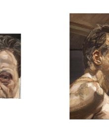 Close up of head and shoulders of Reflection with two children self portrait, LUCIAN FREUD The Self-portraits in cream and black font down right edge.