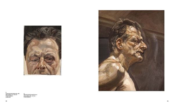 Close up of head and shoulders of Reflection with two children self portrait, LUCIAN FREUD The Self-portraits in cream and black font down right edge.