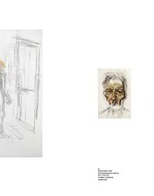 Close up of head and shoulders of Reflection with two children self portrait, LUCIAN FREUD The Self-portraits in cream and black font down right edge.