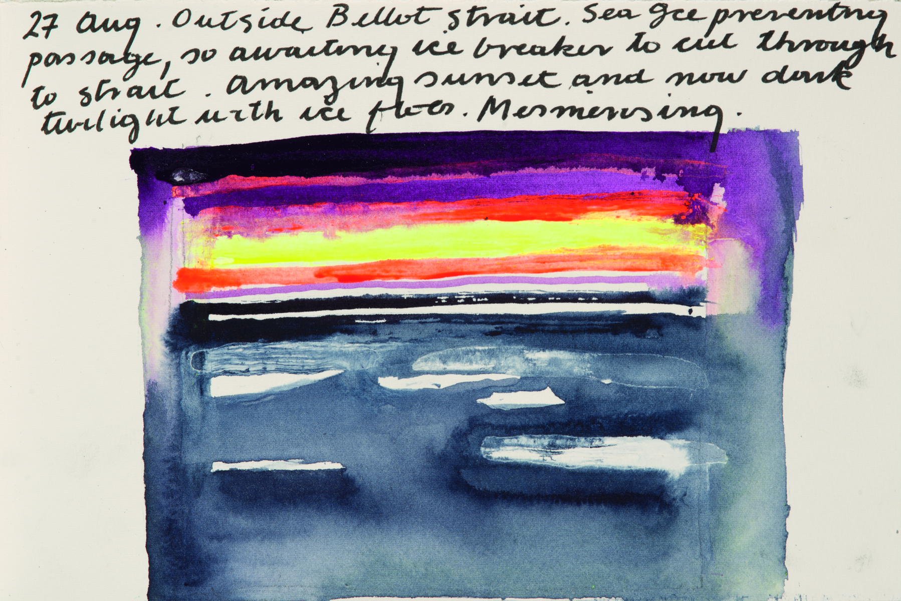 Sketched painting of artic landscape in blue and white, Barbara Rae artic sketchbooks in pale blue font to right