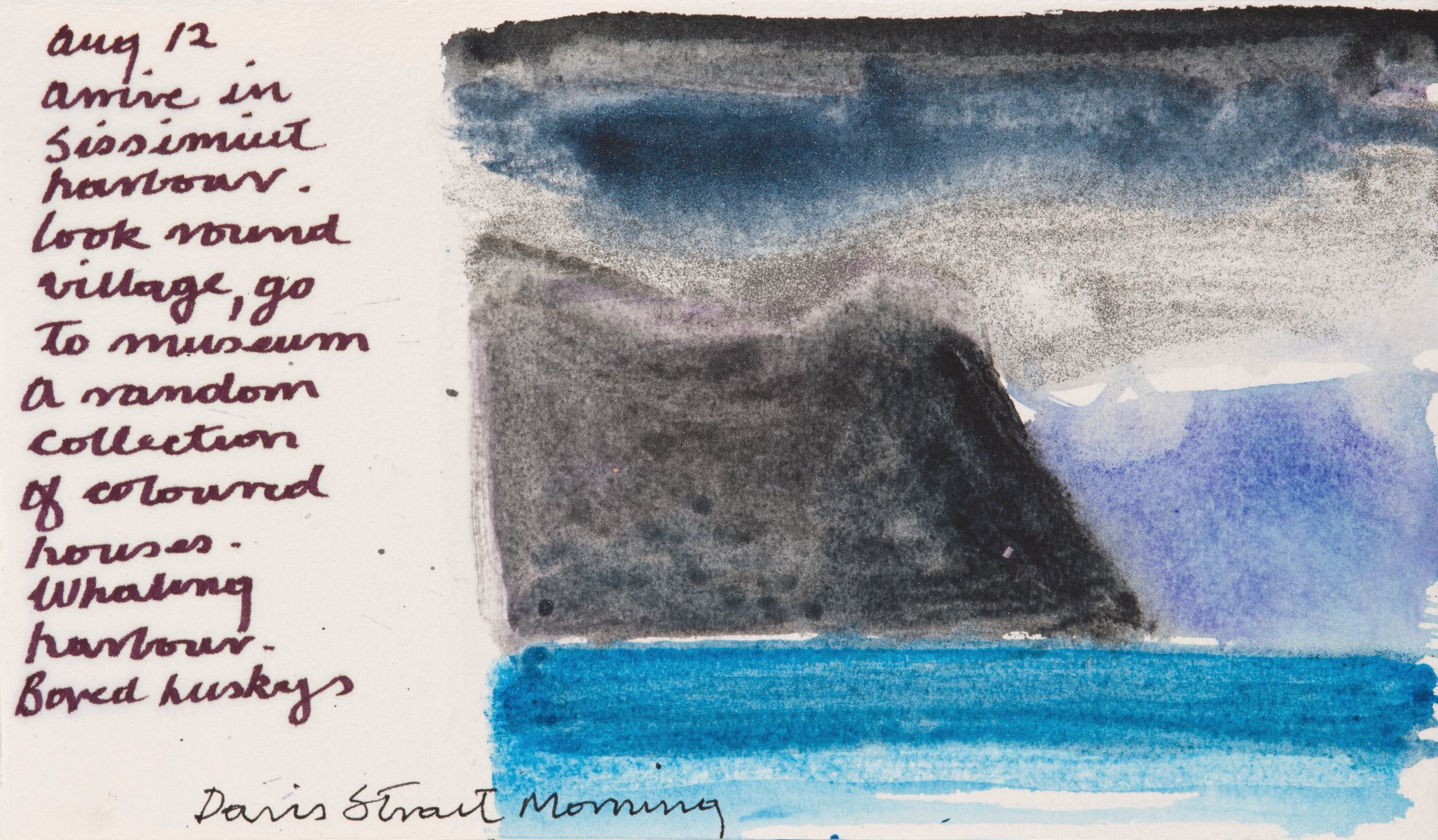 Sketched painting of artic landscape in blue and white, Barbara Rae artic sketchbooks in pale blue font to right