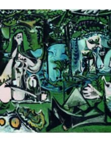 Paper cut out of female with exposed breasts, PICASSO AND PAPER in orange font down right edge