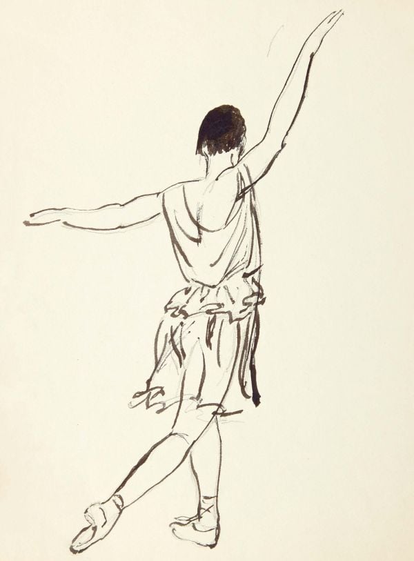 Sketch on cream paper, Ella Naper in the Apple Orchard at Trewoofe by Laura Knight, Laura Knight A WORKING LIFE in blue font to lower right.