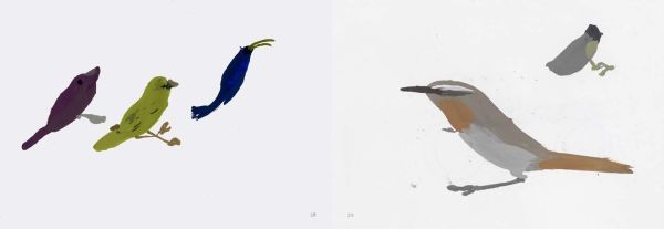 Book cover of A Book of Birds by Humphrey Ocean, featuring a naive painting of a long beaked bird with black head and red body. Published by Royal Academy of Arts.