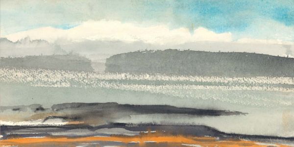 Book cover of Norman Ackroyd: An Irish Notebook, featuring a watercolour of rugged coastline, with silhouettes of rocks in foreground. Published by Royal Academy of Arts.