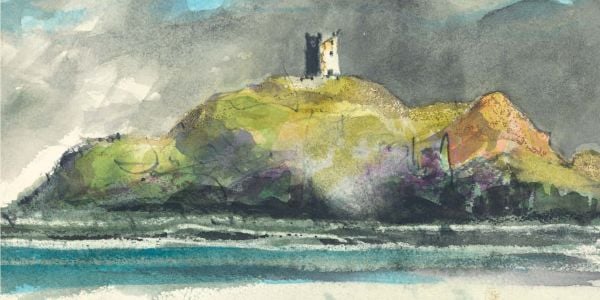 Book cover of Norman Ackroyd: An Irish Notebook, featuring a watercolour of rugged coastline, with silhouettes of rocks in foreground. Published by Royal Academy of Arts.