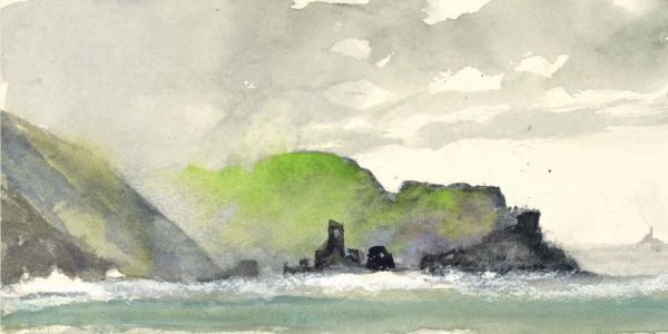 Book cover of Norman Ackroyd: An Irish Notebook, featuring a watercolour of rugged coastline, with silhouettes of rocks in foreground. Published by Royal Academy of Arts.