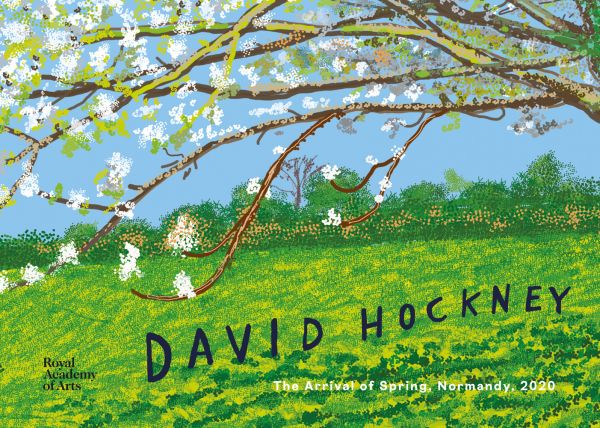 Book cover of David Hockney: The Arrival of Spring, Normandy, 2020; featuring a digital painting of blossom tree. Published by Royal Academy of Arts.