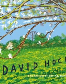 Digital painting of white blossom tree arching over green landscape, David Hockney in navy font below.