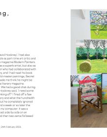 Digital painting of white blossom tree arching over green landscape, David Hockney in navy font below.