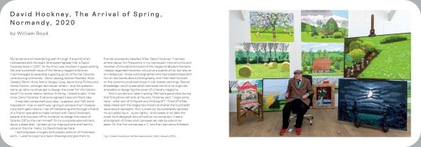 Digital painting of white blossom tree arching over green landscape, David Hockney in navy font below.