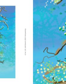Digital painting of white blossom tree arching over green landscape, David Hockney in navy font below.