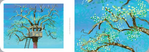 Digital painting of white blossom tree arching over green landscape, David Hockney in navy font below.