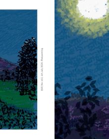 Digital painting of white blossom tree arching over green landscape, David Hockney in navy font below.