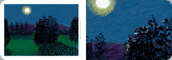 Digital painting of white blossom tree arching over green landscape, David Hockney in navy font below.