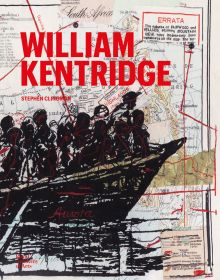 Charcoal drawing of overcrowded boat, on map collage, WILLIAM KENTRIDGE, in red font above, by Royal Academy of Arts.