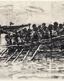 Charcoal drawing of overcrowded boat, on map collage, WILLIAM KENTRIDGE, in red font above, by Royal Academy of Arts.