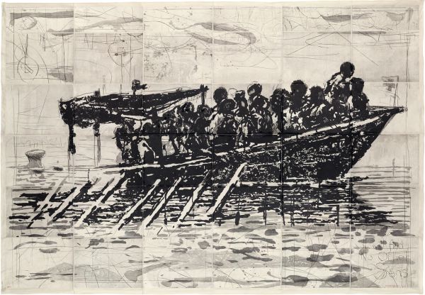 Book cover of William Kentridge, featuring an artwork of a drawing of overcrowded boat, on map collage. Published by Royal Academy of Arts.