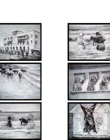 Charcoal drawing of overcrowded boat, on map collage, WILLIAM KENTRIDGE, in red font above, by Royal Academy of Arts.