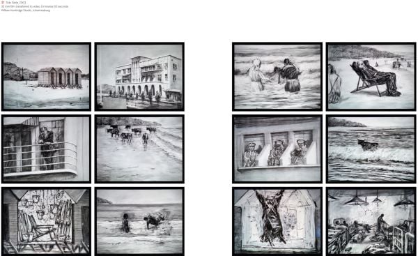 Book cover of William Kentridge, featuring an artwork of a drawing of overcrowded boat, on map collage. Published by Royal Academy of Arts.