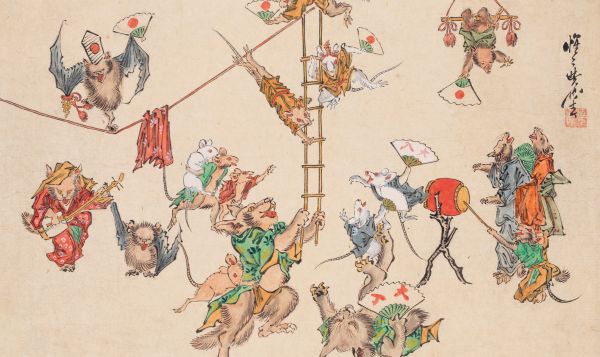 Open mouthed figure in Japanese dress peering at 2 robed figures with long black hair, Kyosai: The Israel Goldman Collection in black font