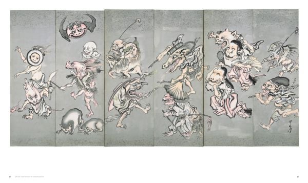 Open mouthed figure in Japanese dress peering at 2 robed figures with long black hair, Kyosai: The Israel Goldman Collection in black font