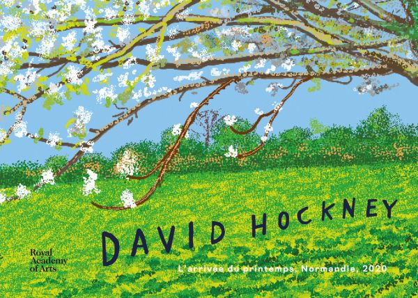 Book cover of David Hockney: L'arrivée du printemps; featuring a landscape painting with tree with white flowers. Published by Royal Academy of Arts.