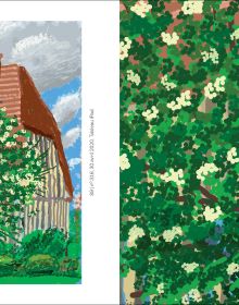 Book cover of David Hockney: L'arrivée du printemps; featuring a landscape painting with tree with white flowers. Published by Royal Academy of Arts.