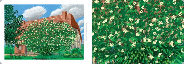Book cover of David Hockney: L'arrivée du printemps; featuring a landscape painting with tree with white flowers. Published by Royal Academy of Arts.