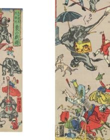 Detailed illustration of clothed mice, wolves and bears performing at circus with trapezes and ladders, Kyosai’s Animal Circus in black font