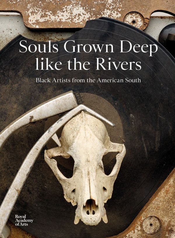 Book cover of Souls Grown Deep like the Rivers, with an animal's skull mounted on dusty black record. Published Royal Academy of Arts.