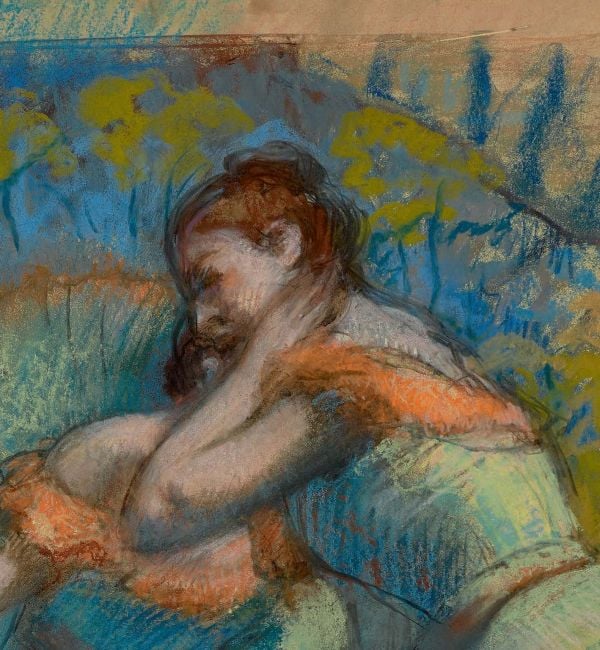 Pale green book cover of Impressionists on Paper, Degas to Toulouse-Lautrec, featuring an oil sketch by Edgar Degas, 'Dancer Yawning (Dancer Stretching)'. Published by Royal Academy of Art.