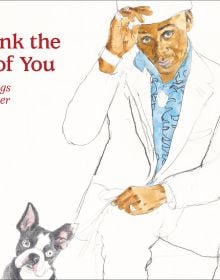 Watercolour sketch of black male with black and white French bulldog, on cover of 'We Think the World of You', by Royal Academy of Arts.