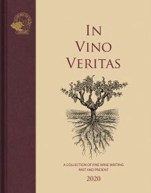 Black image of vine tree with roots burrowing into ground, on cover of 'In Vino Veritas, A Collection of Fine Wine Writing Past and Present', by Academie du Vin Library.