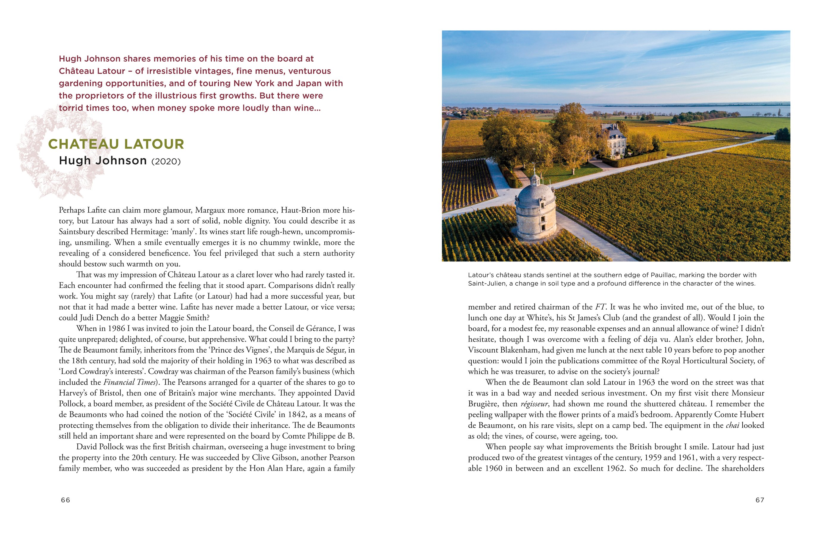 Book cover of On Bordeaux, Tales of the Unexpected from the World's Greatest Wine Region, with a bottle of red wine, a glass of red wine, with grapes in front of vineyard. Published by Academie du Vin Library.