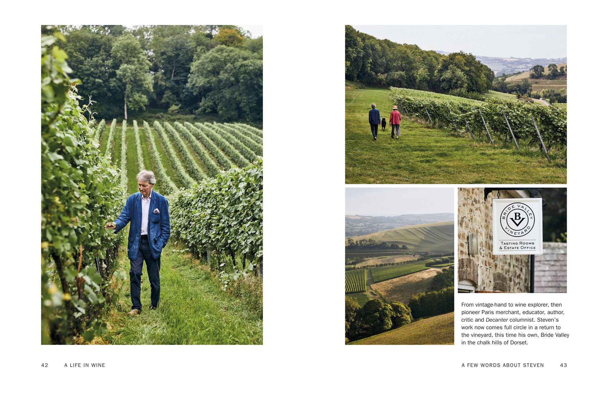 Steven Spurrier in white suit sitting in chair holding glass of wine and surrounded by stacks of wine, on cover of 'Steven Spurrier, A Life in Wine', by Academie du Vin Library.