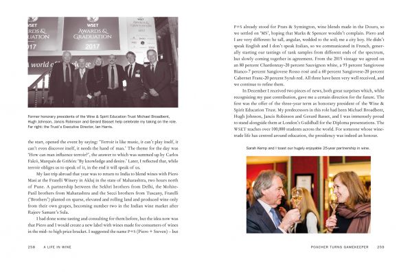 Book cover of Steven Spurrier, A Life in Wine, with the British wine expert and merchant sitting in chair, holding glass of wine, surrounded by stacks of wine. Published by Academie du Vin Library.