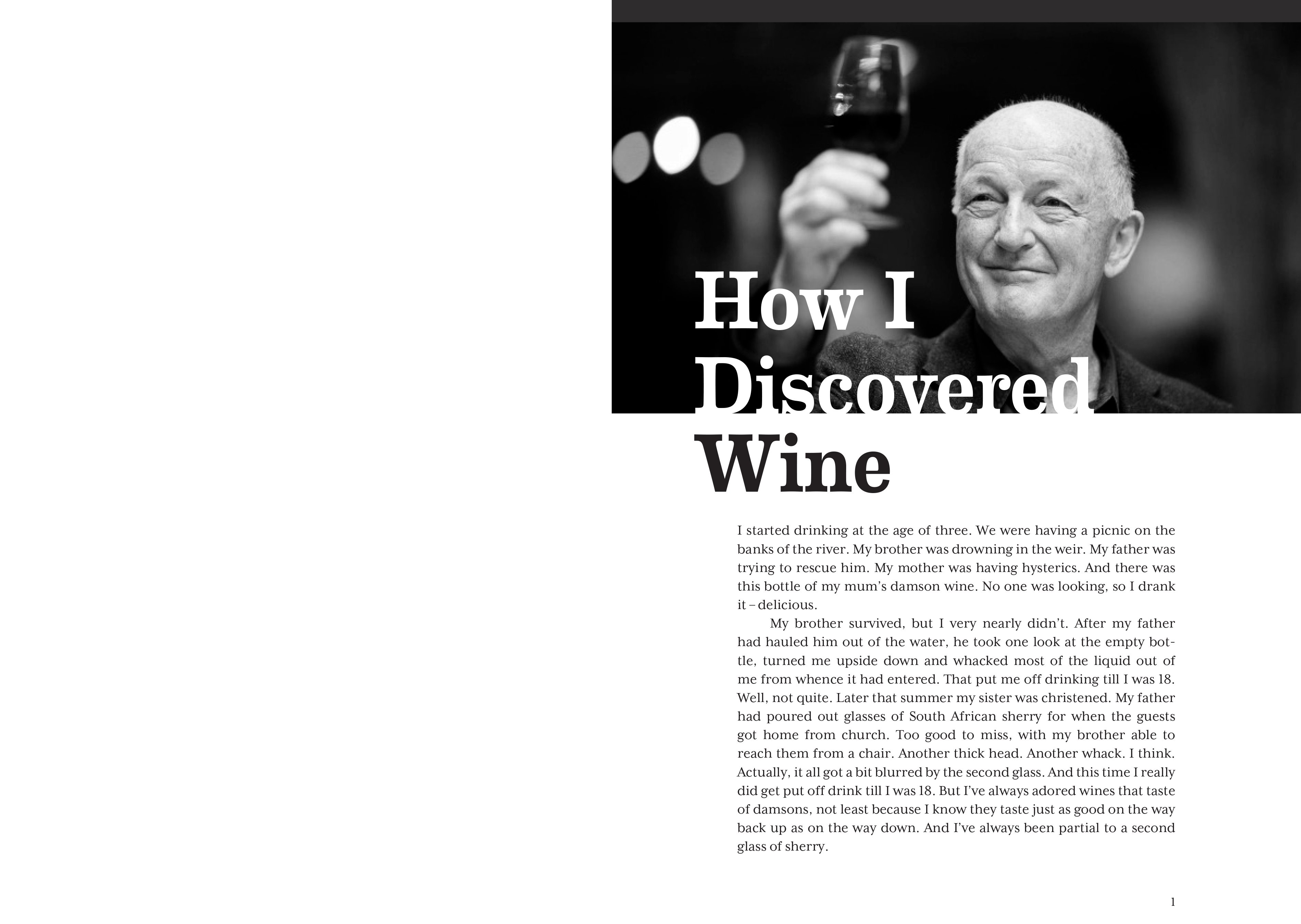 Smiling Oz Clarke in bird print shirt, holding glass of wine in hand, on cover of 'Oz Clarke on Wine, Your Global Wine Companion' by Academie du Vin Library.