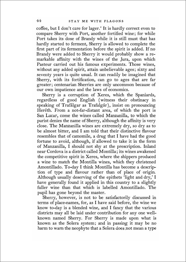 Book cover of Stay Me with Flagons, featuring a painting of wine bottle, two glasses of red wine and a plate of yellow crackers on table. Published by Academie du Vin Library.