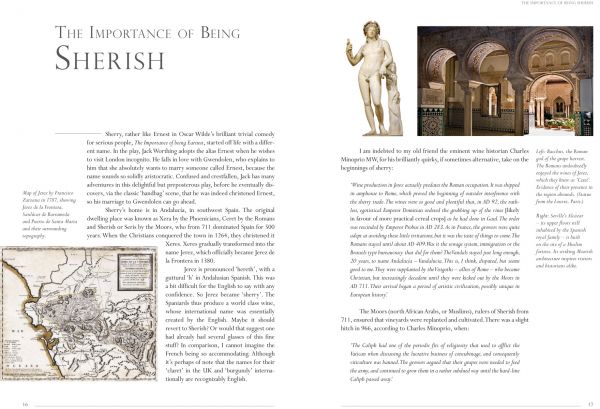 Book cover of Sherry, Maligned*Misunderstood*Magnificent!, featuring a bartender's hand holding 8 sherry glasses while pouring sherry. Published by Academie du Vin Library..