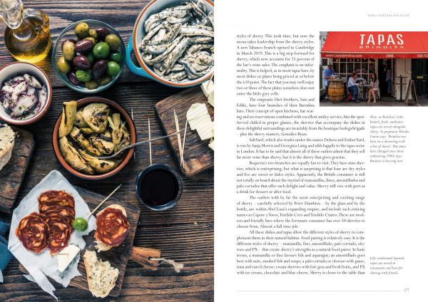 Book cover of Sherry, Maligned*Misunderstood*Magnificent!, featuring a bartender's hand holding 8 sherry glasses while pouring sherry. Published by Academie du Vin Library..