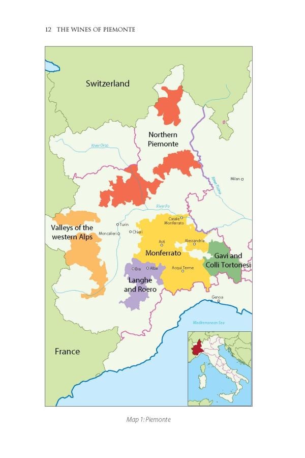 Book cover of David Way's guide, The Wines of Piemonte, with vineyards under a bright blue sky. Published by Academie du Vin.