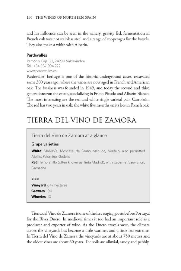 Book cover of Sarah Jane Evans's guide, The Wines of Northern Spain, with vineyards and mountains behind. Published by Academie du Vin.